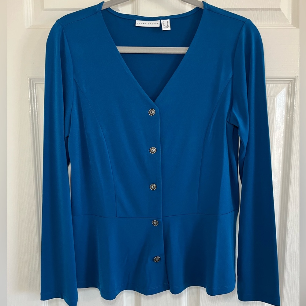Susan Graver Teal Blue Peplum V-Neck Blouse Size Small